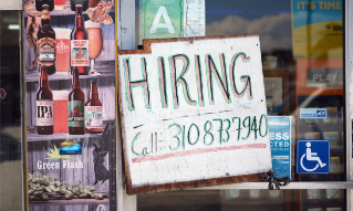 epa11520796 A hiring sign is posted outside a convenience store in Los Angeles, California, USA, 02 August 2024. The US Labor Department reported that the American job market significantly slowed in July. This slowdown raised the unemployment rate to 4.3 percent, the highest level seen since October 2021.  EPA/ALLISON DINNER