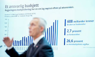 Oslo 20261007. Finansminister Jens Stoltenberg (Ap) presenterer statsbudsjettet for 2027 på en pressekonferanse i Auditoriet i R5.Foto: Fredrik Varfjell  / NTB