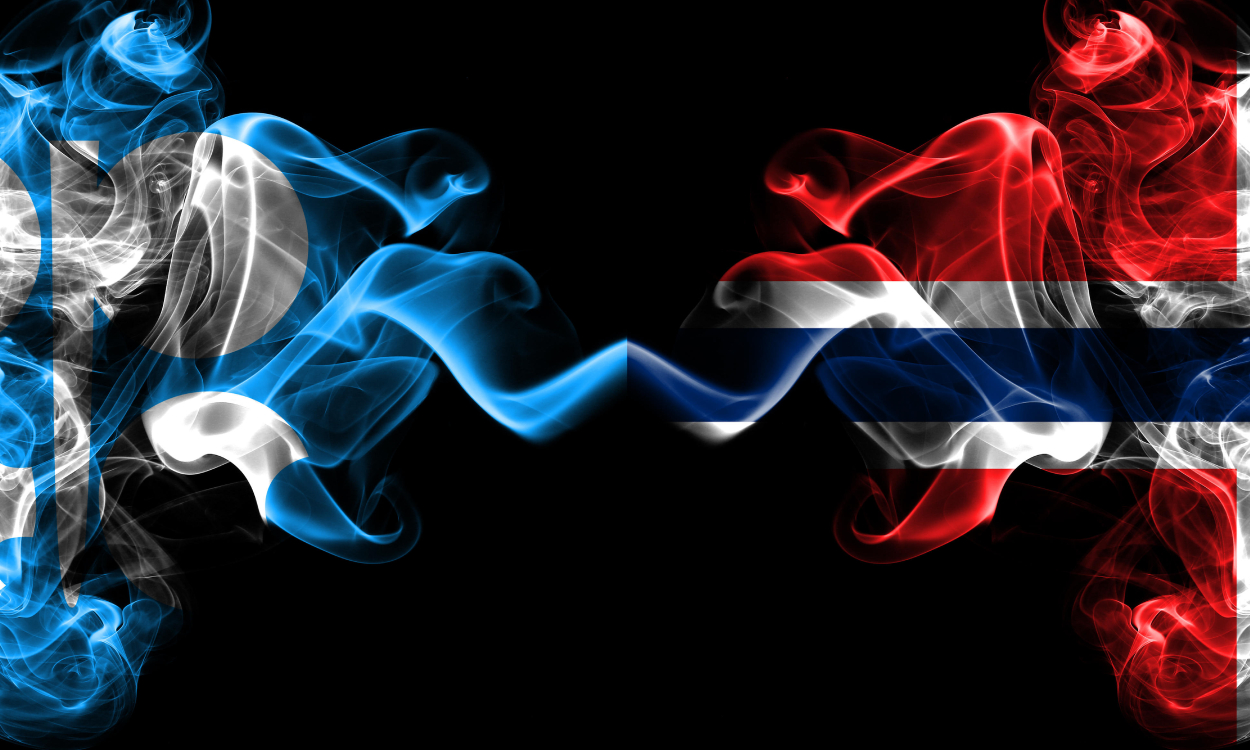 Opec vs Norway, Norwegian abstract smoky mystic flags placed side by side. Thick colored silky smoke flags of Opec and Norway, Norwegian