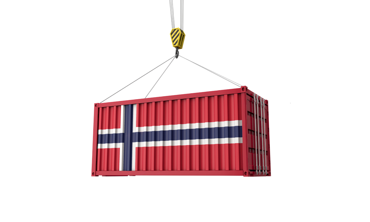 Norway flag cargo trade container hanging from a crane. 3D Render