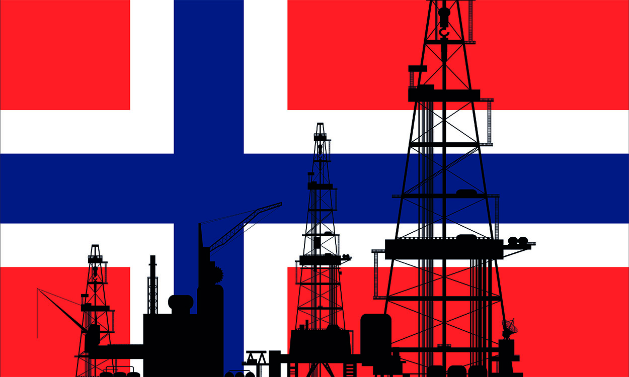 bilde av det norske flagget med en oljeplattform som silhuett oppå det