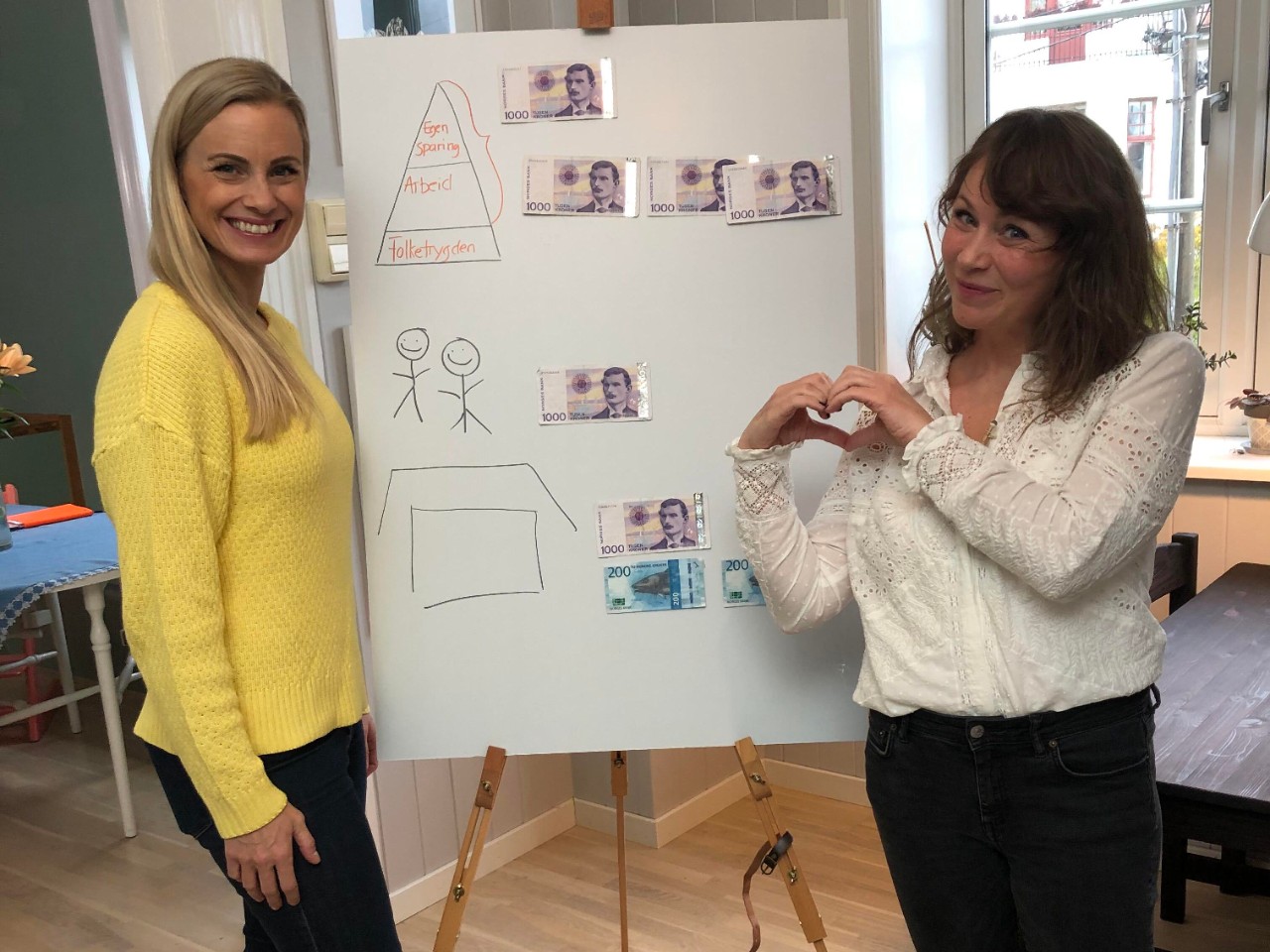 Silje og Gunhild ved en tavle.  Silje tegner og forklarer pensjonssparing.