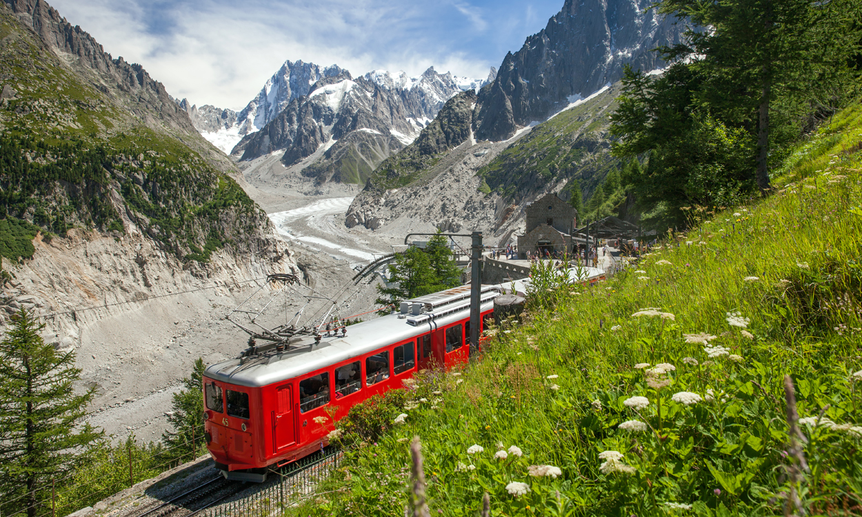 bilde av tog i Sveits med alpene i bakgrunnen