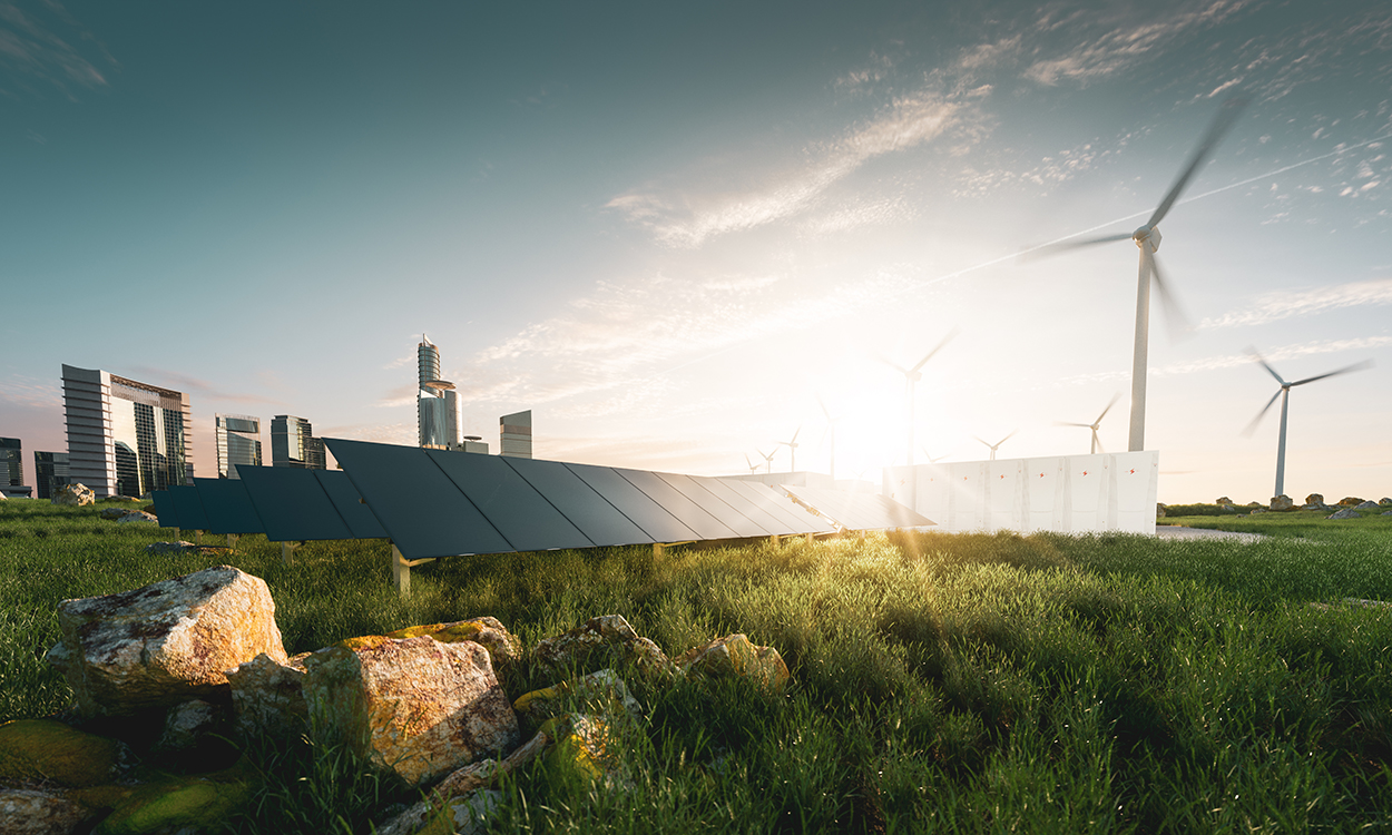 Concept of sustainable energy solution in beautifull sunset backlight. Frameless solar panels, battery energy storage facility, wind turbines and big city with skycrapers in background. 