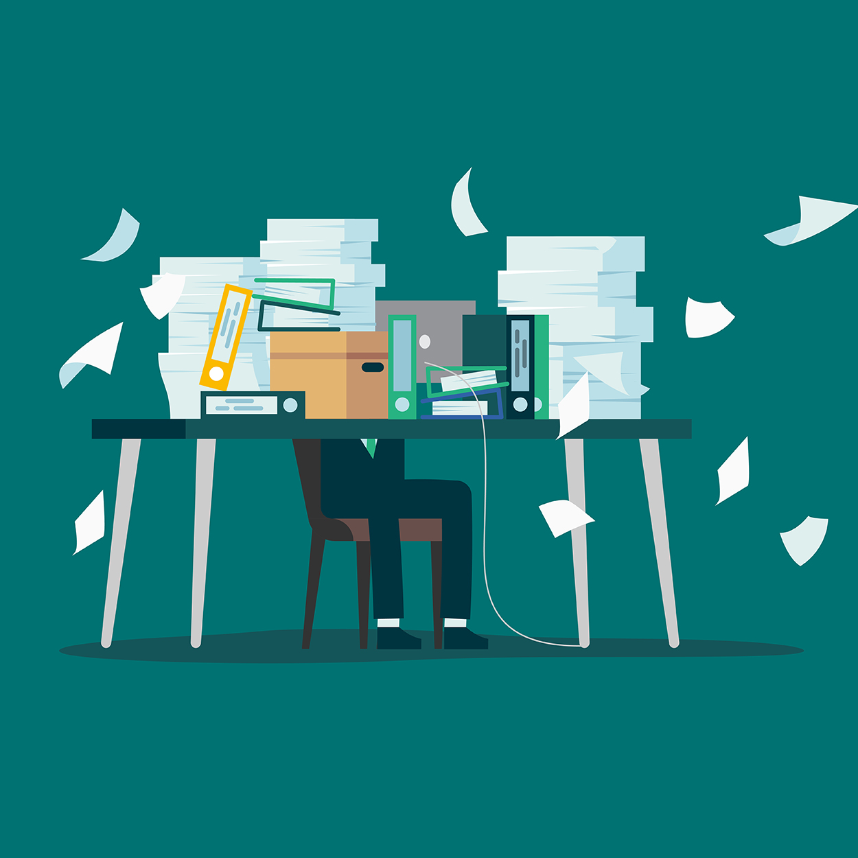 DNB Regnskap illustrasjon med masse papir på pulten